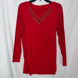 MICHAEL Michael Kors Red Long-Sleeve V-Neck Top with Beaded Detail